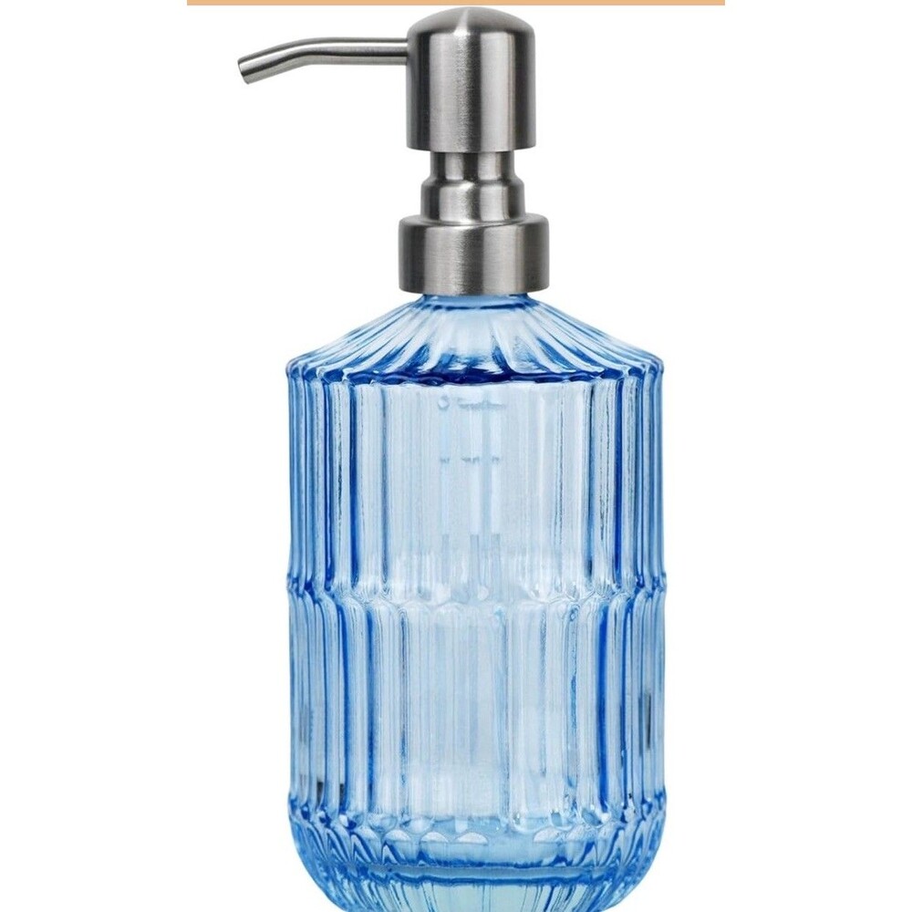 14 Oz Glass Soap Dispenser with Vintage Stainless Pump, Refillable Hand Soap